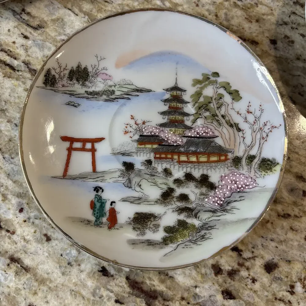 Chikaramachi Vintage Hand Painted Plates Pagoda Mountain Gold Rim Japan 5 1/2